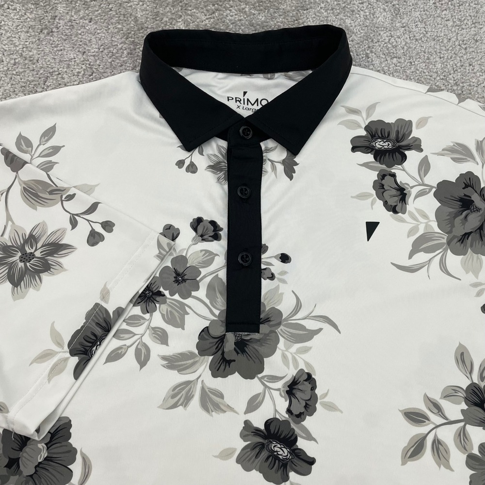 Primo Polo Mens XL Floral White Black Performance Short Sleeve Shirt Golfcore